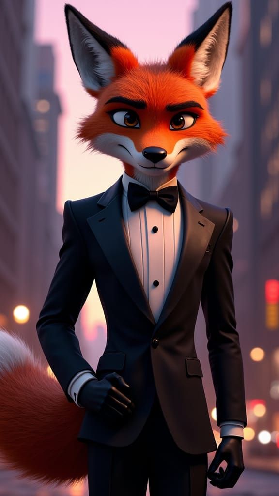 Sophisticated Fox in Black Tuxedo Posing Against Cityscape