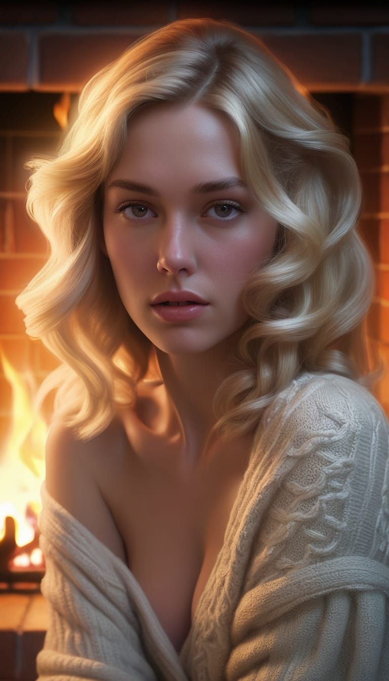 Blonde Woman Shivering by Fireplace in Fantasy Art Style