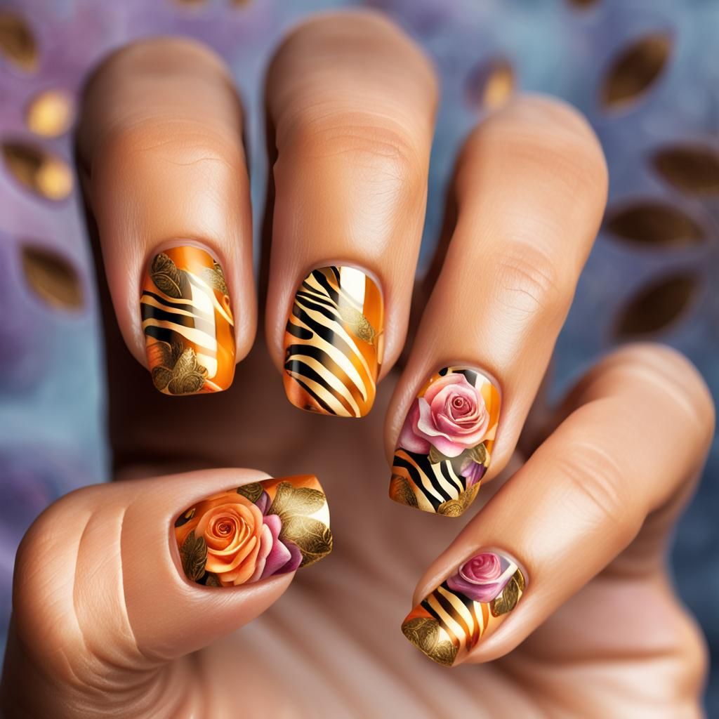 Gold Rose and Zebra Nail Art: Macro Detail
