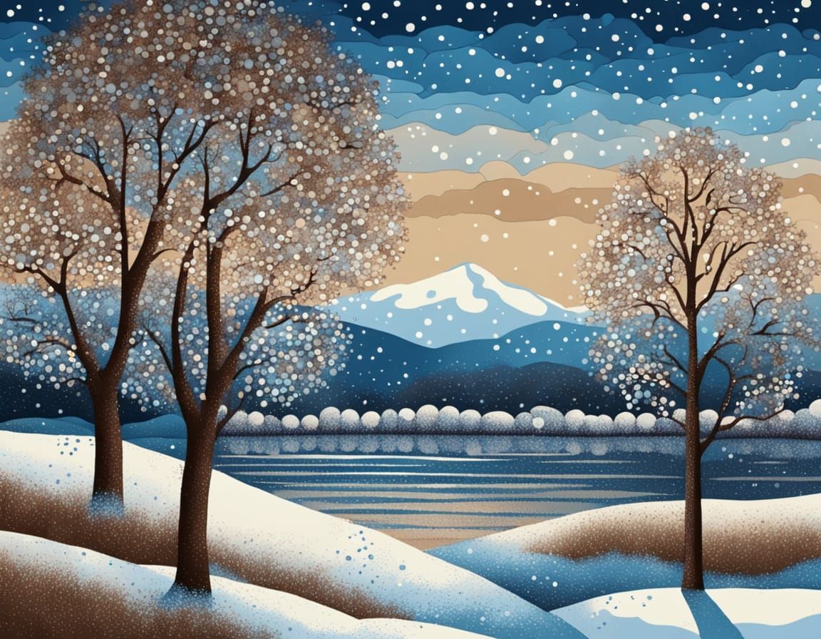 Pointillism Winter Scene in Blues and Browns