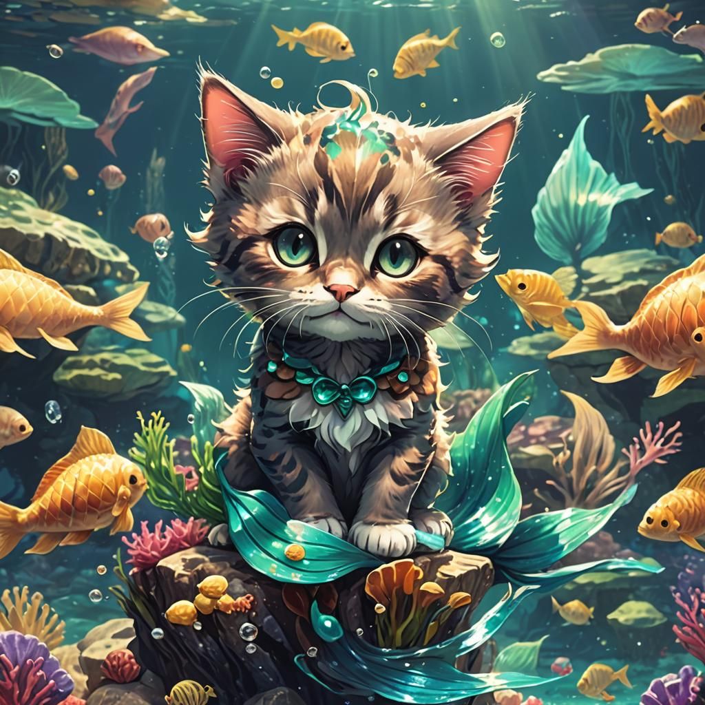 Anime Mermaid Cat in Cel-Shaded Manga Style