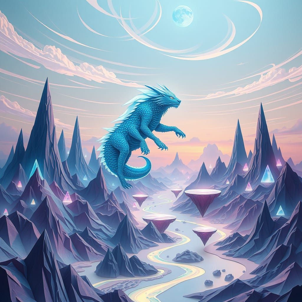 Ethereal Realms with Iridescent Beings in Origami Style