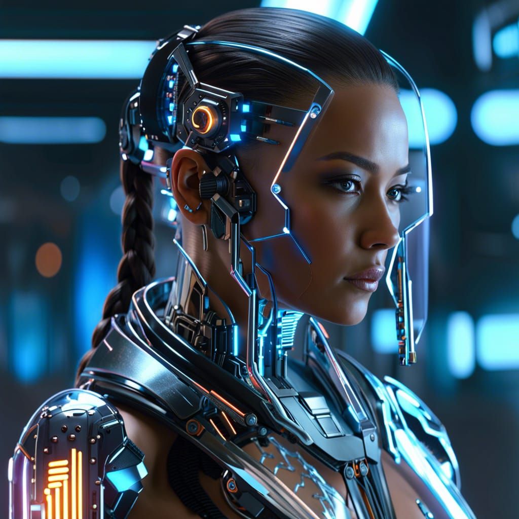 Transparent Female Cyborg in Cyberpunk Neon Style