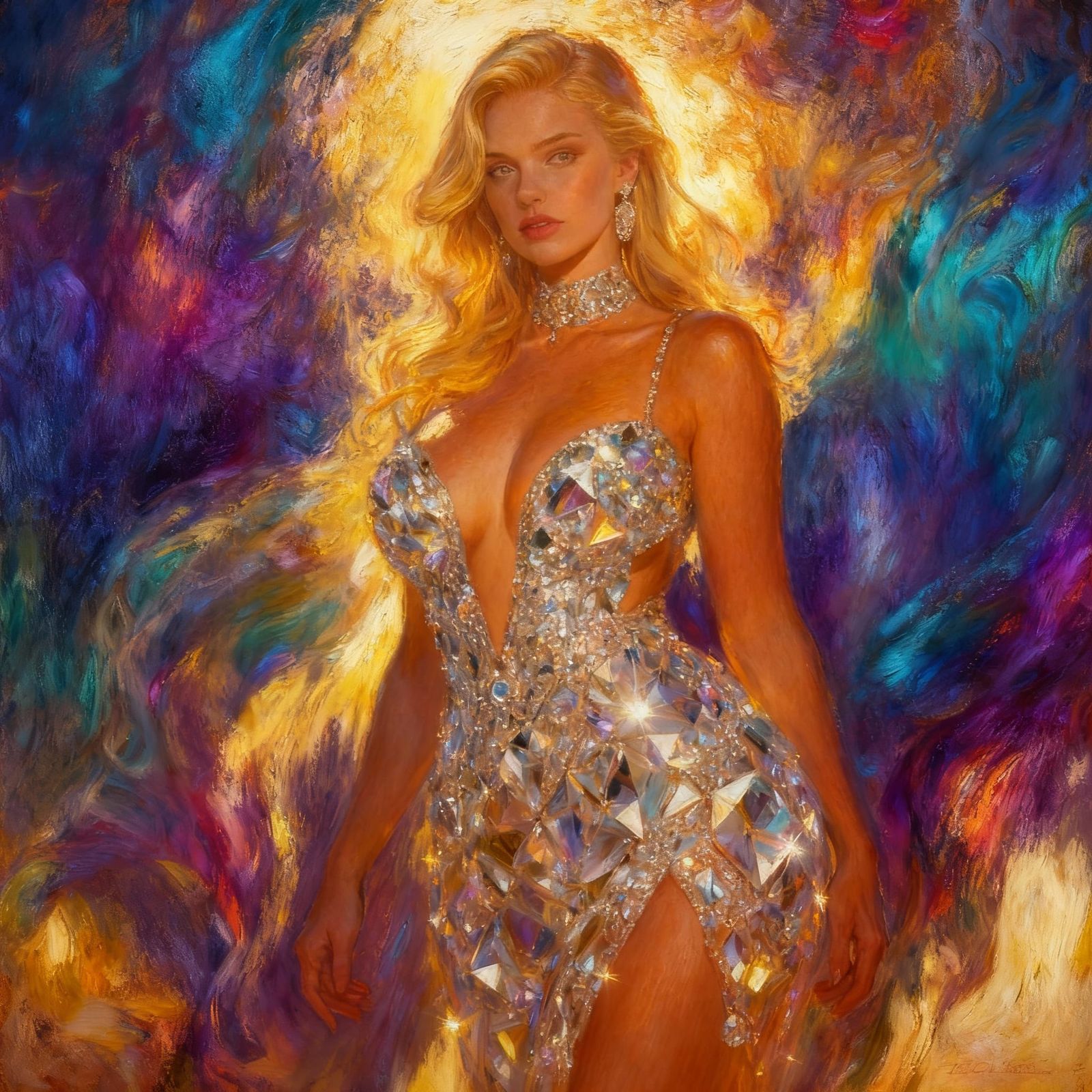 Hyperrealistic Oil Painting of Woman in Diamond Dress