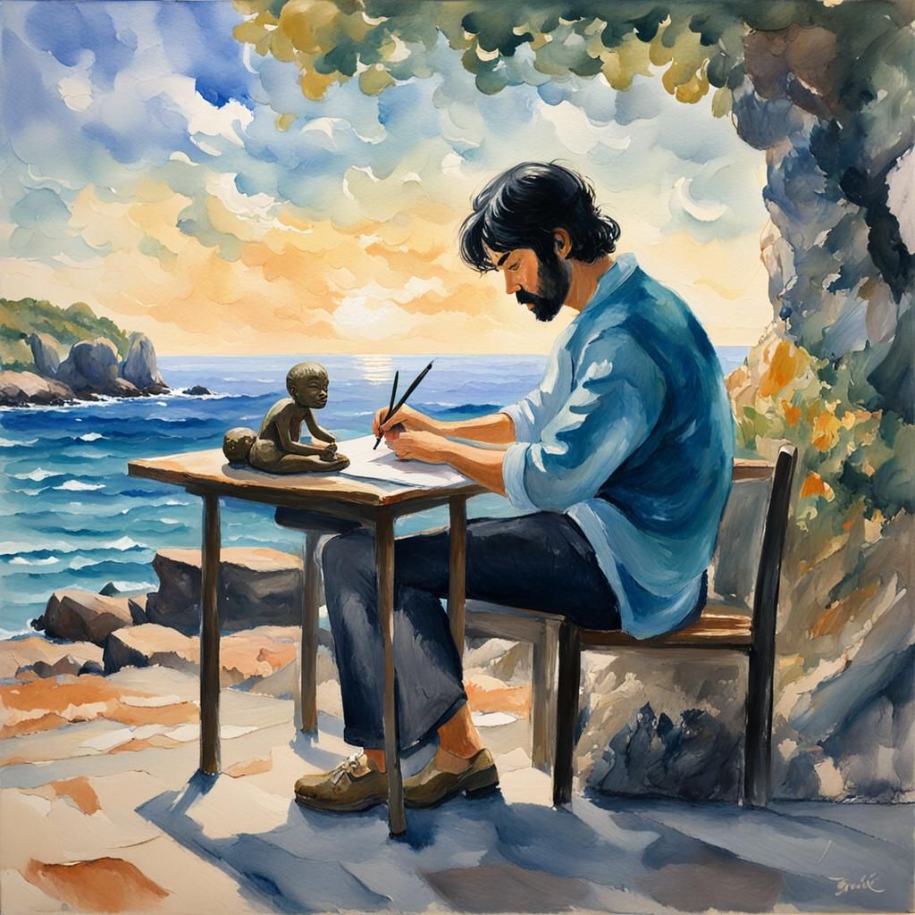 Man Writing by the Sea in Gouache Style