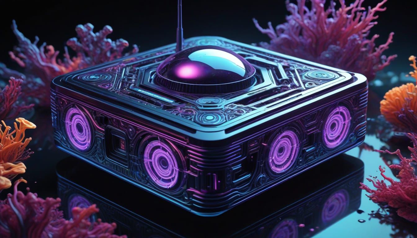 Cyberpunk Sci-Fi Art: Vibrant Purple Wifi Router in Dark Wat...