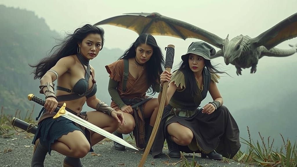 Cautious Women Observe Wyvern in Cinematic Style