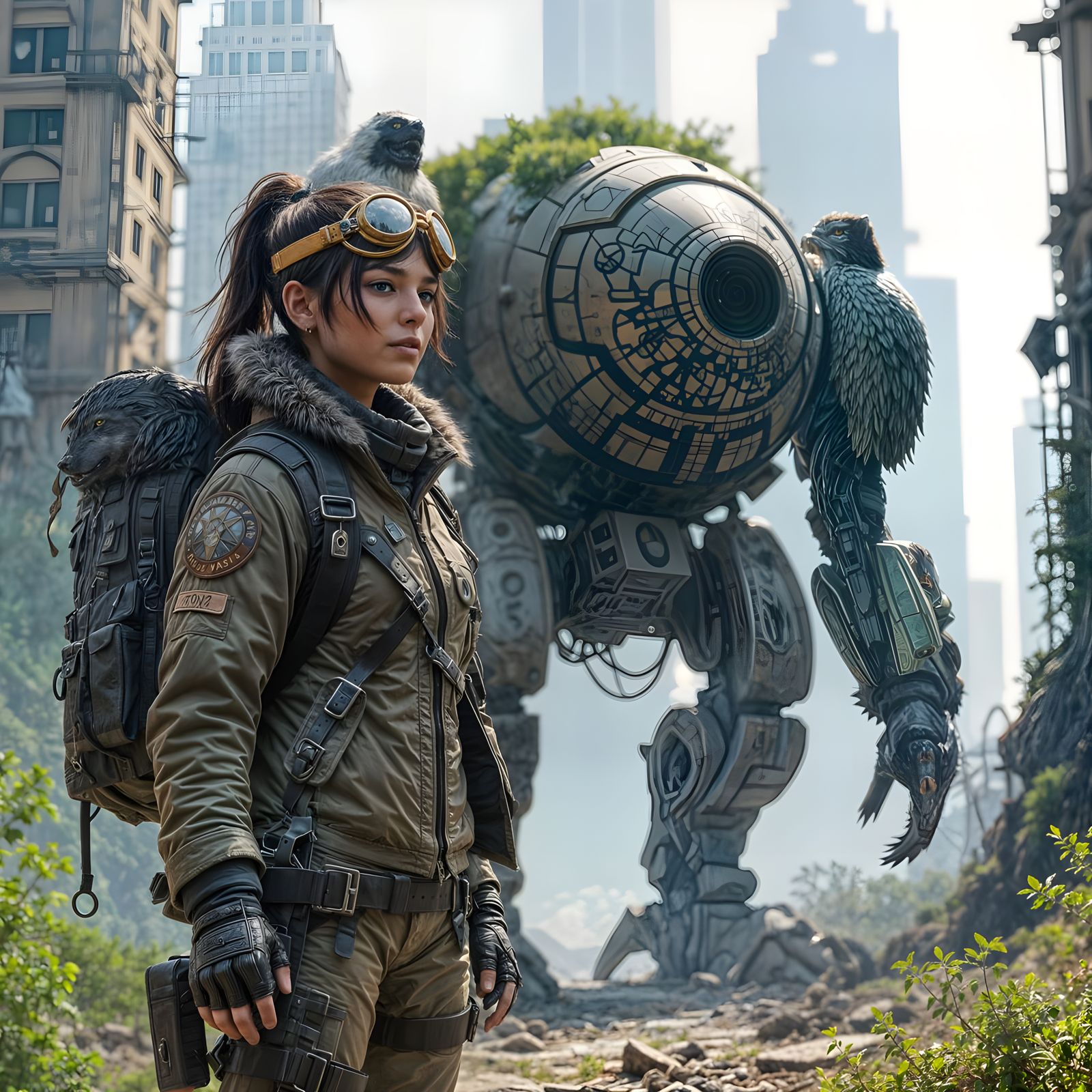 Mech Pilot Standing Heroically with Jade Falcon Mech in Ruin...