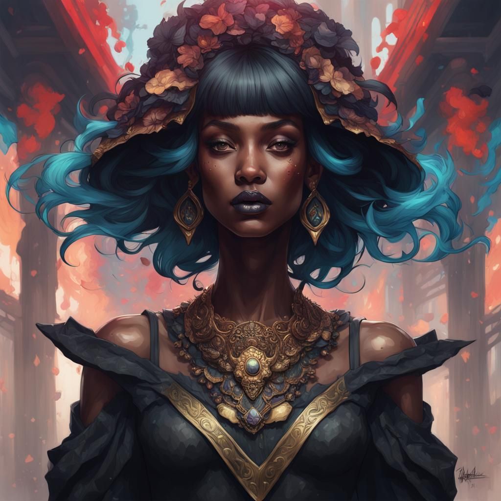 Intricate Portrait with Black Lips in Art Nouveau Style