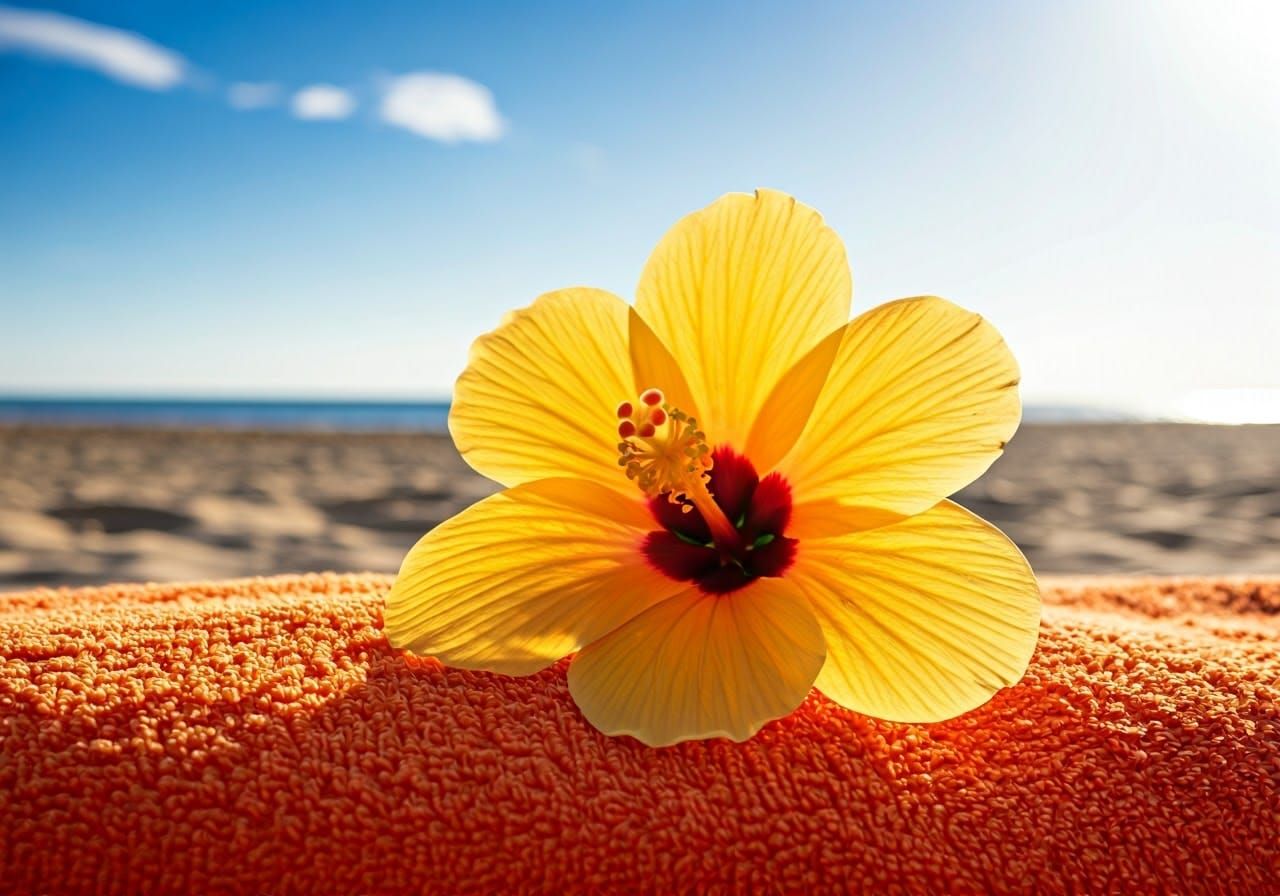 Yellow Hibiscus on Beach Towel: Splash Art