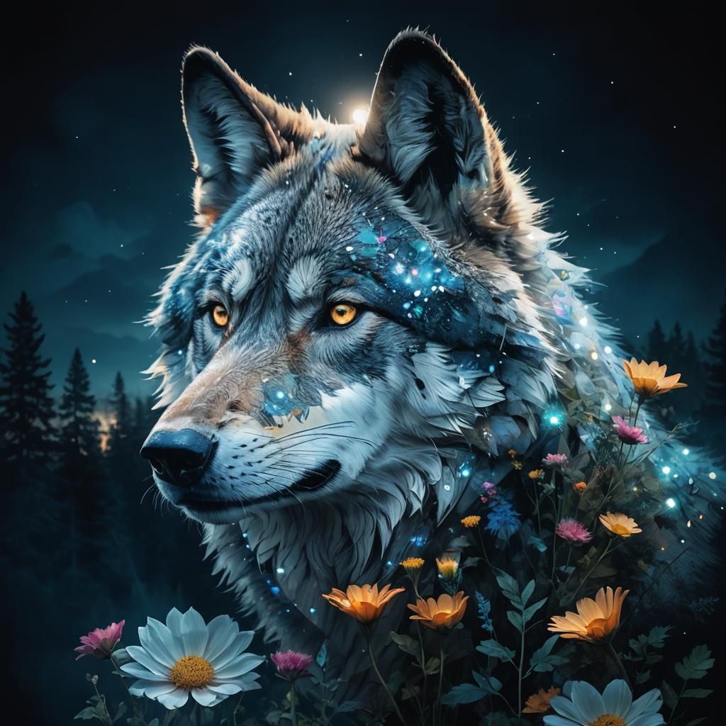Hyperrealistic Double Exposure of Wolf with Nature Scenes
