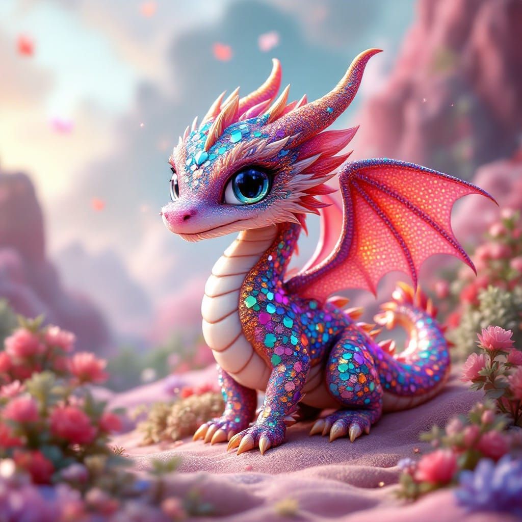 Vibrant Chibi Dragon Soars in Whimsical Fantasy Landscape