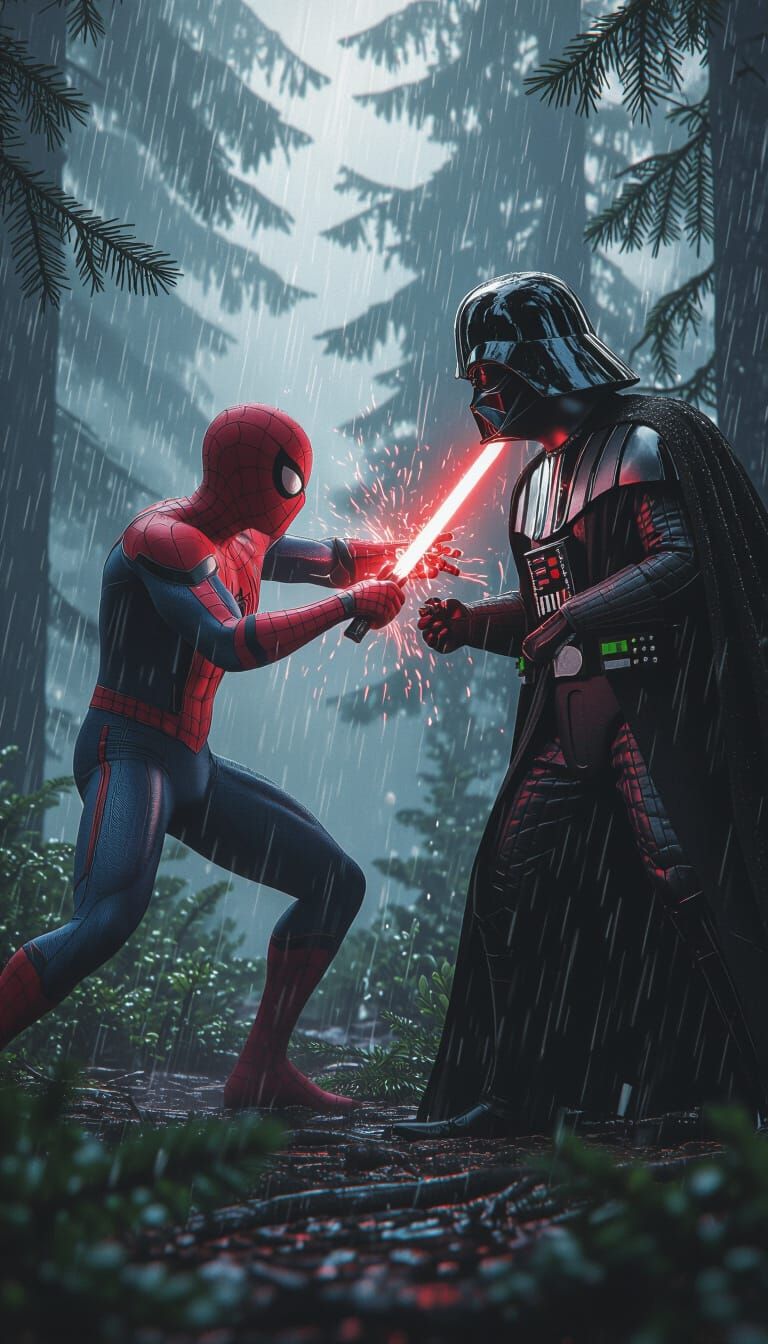 Spider-Man vs Darth Vader in Rainy Spruce Forest
