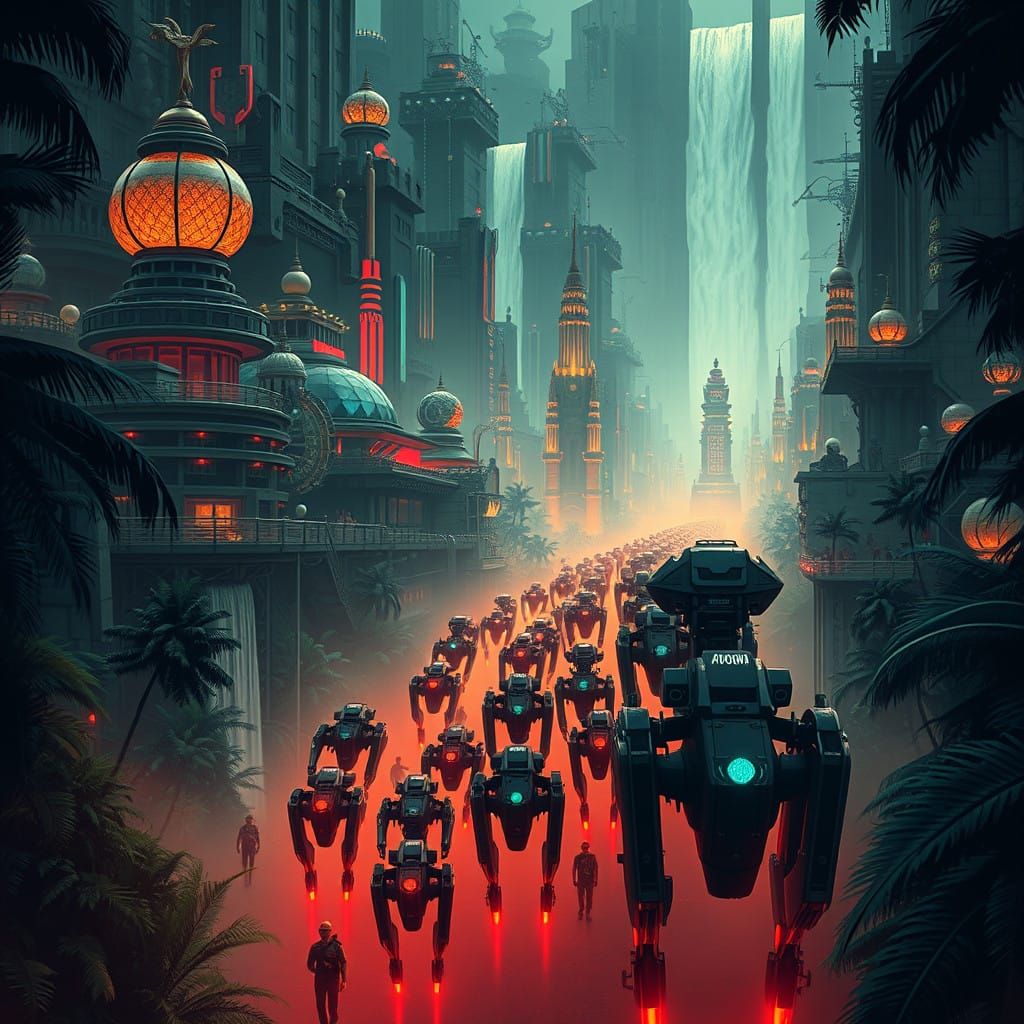 Cyberpunk Dystopian Cityscape with Exoskeletons and Neon