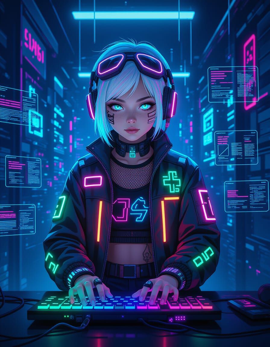 Cyberpunk Hacker Girl in Neon Chamber
