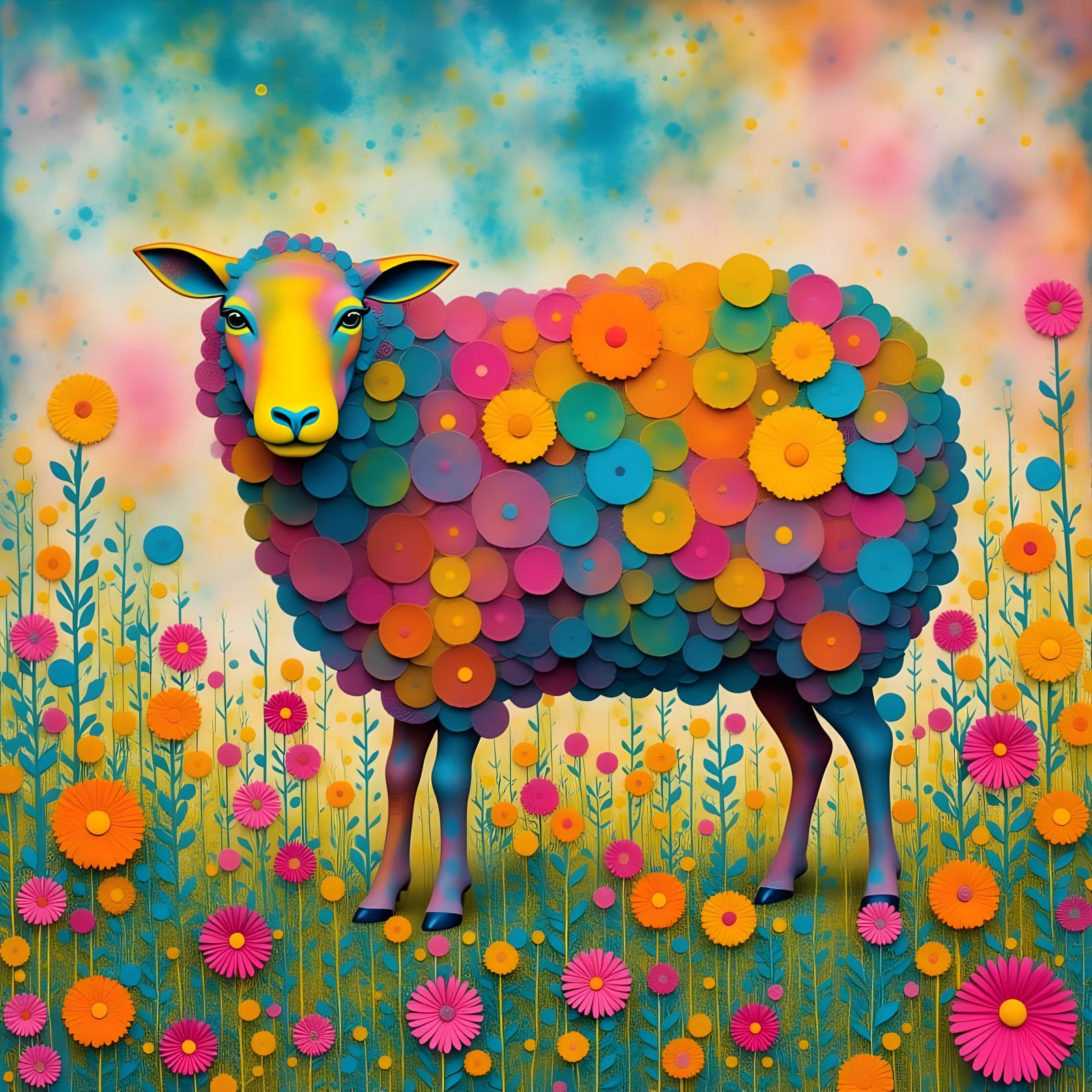 Surreal Rainbow Sheep Grazing in Wildflower Field