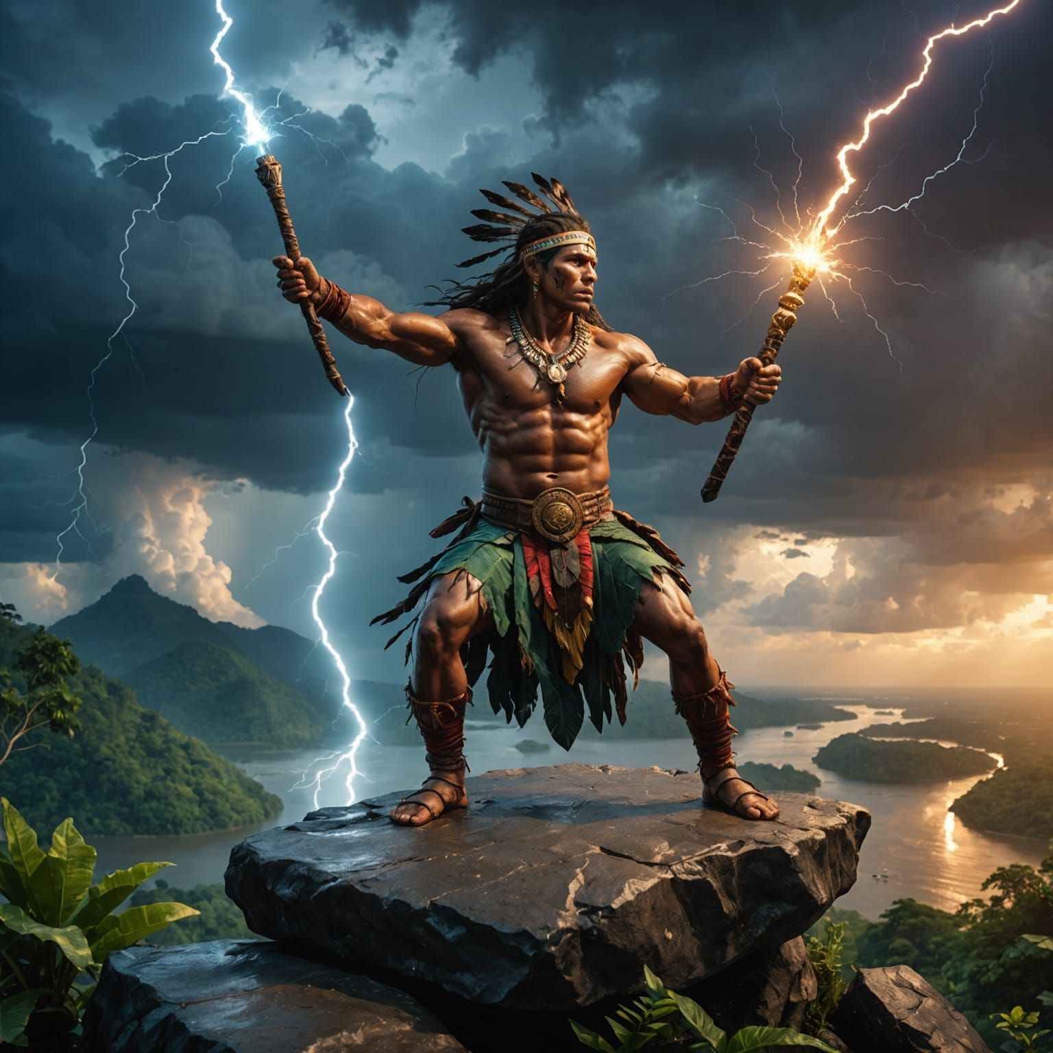 Brazilian Native Hero Struck by Lightning: Digital Art