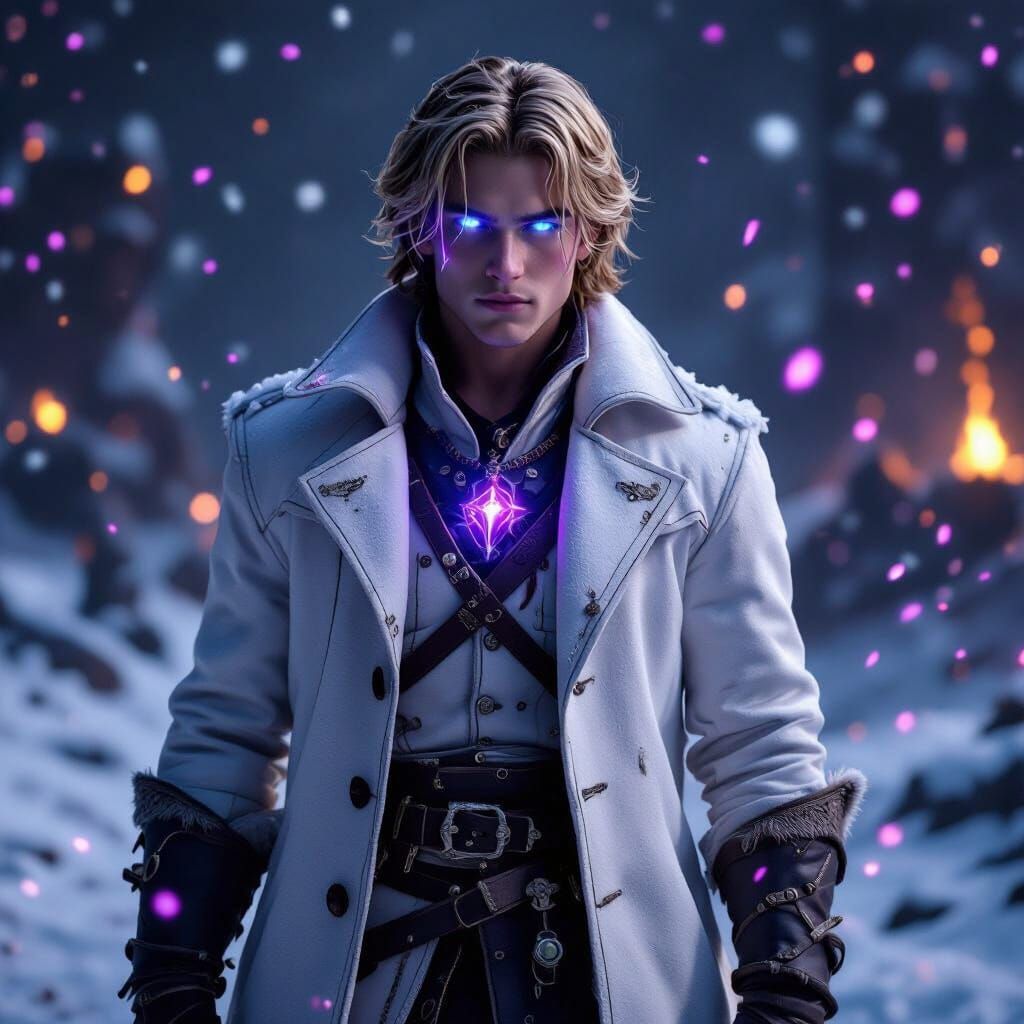 Blonde Man with Glowing Eyes on Fantasy Battlefield