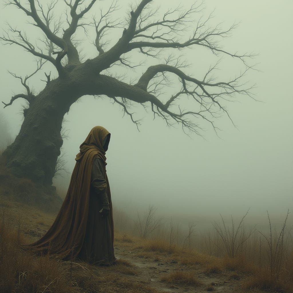 Ethereal Figure Stands Amidst Windswept Moor in Gothic Style