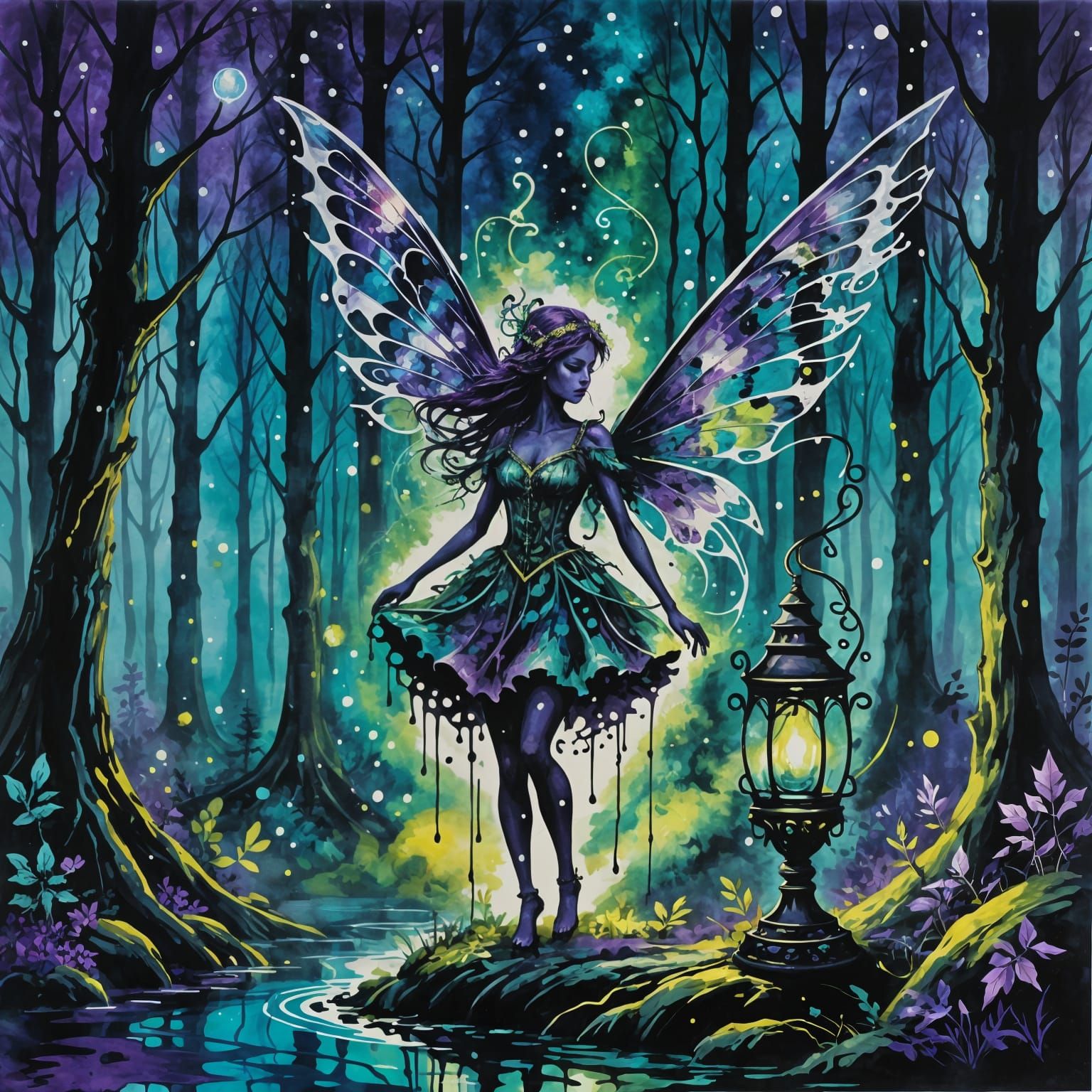 Fairy and Magical Lamp in Ink Splatter Style