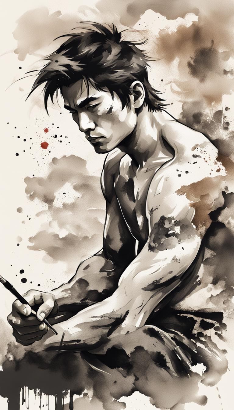 Shirtless Man Painting in Japanese Ink Style