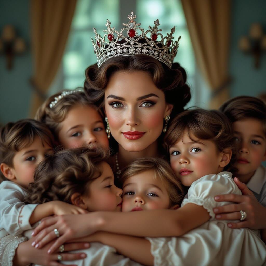 Regal Queen Embraces Children with Cinematic Warmth
