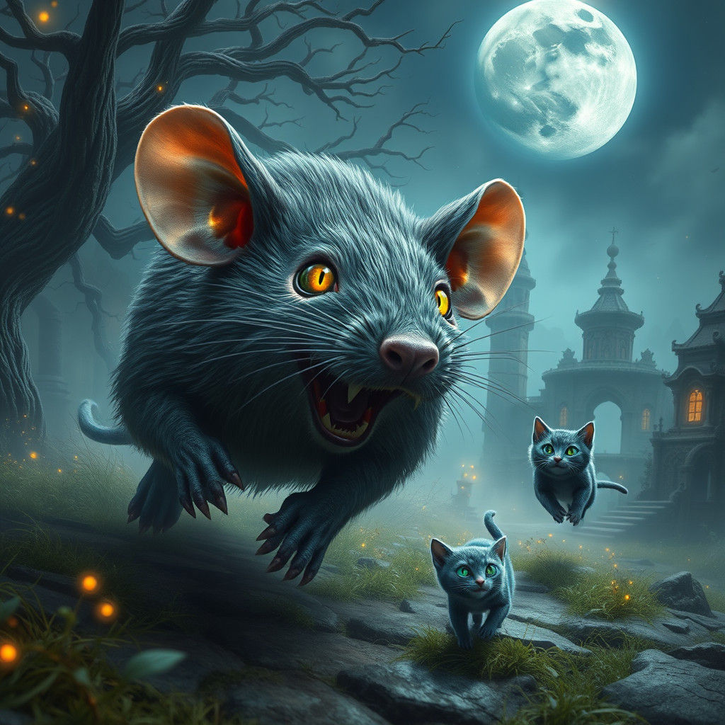 Colossal Mouse Chasing Tiny Cat in Dreamscape