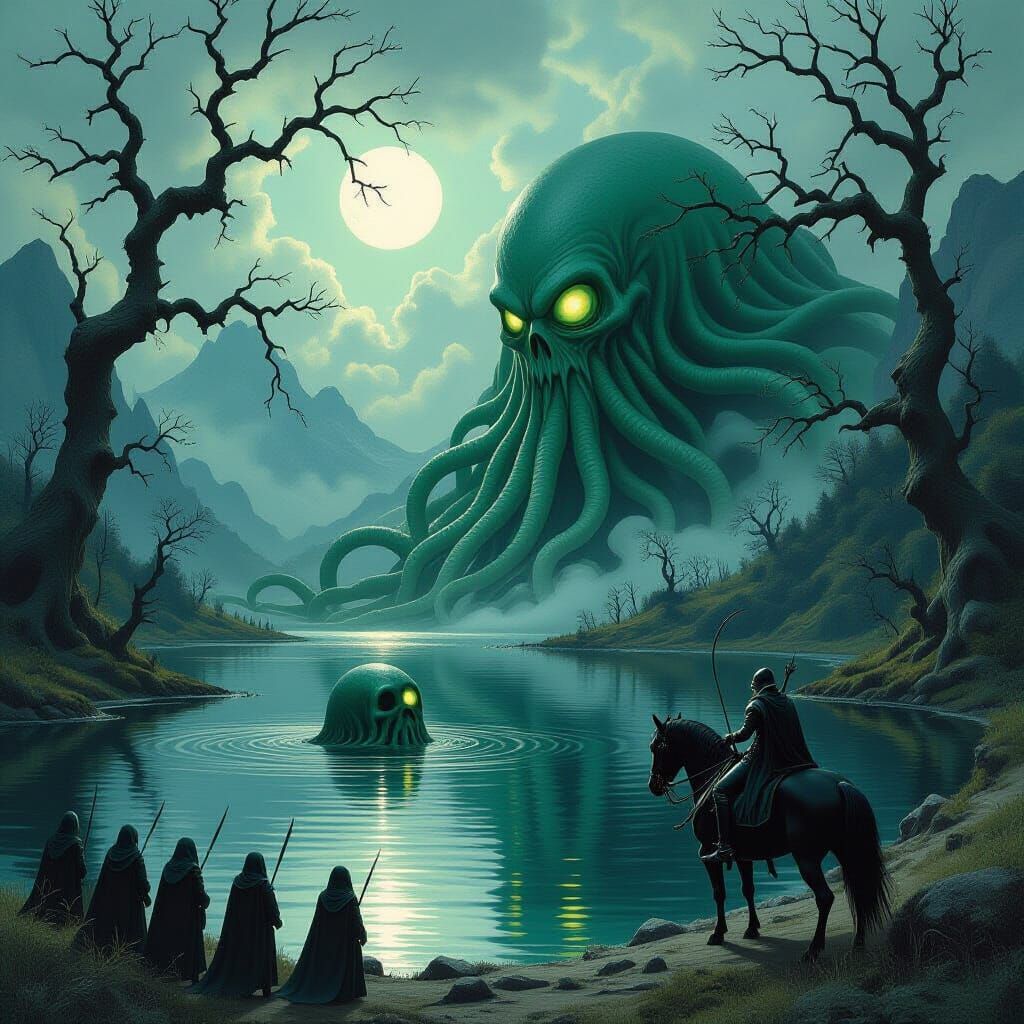 Ominous Lake: Tentacle Beast Arises in Dark Fantasy