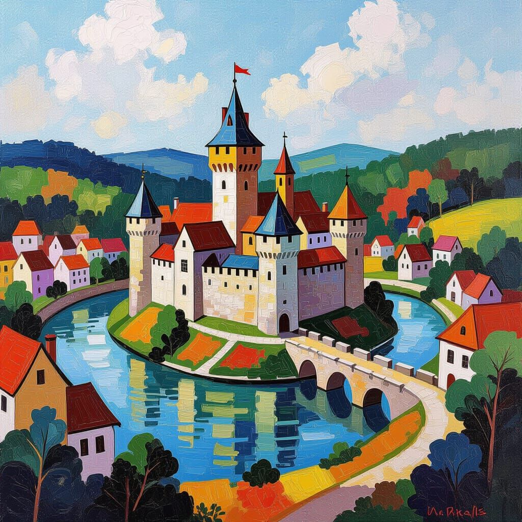 Medieval Castle with Villages in Gouache Impasto Style