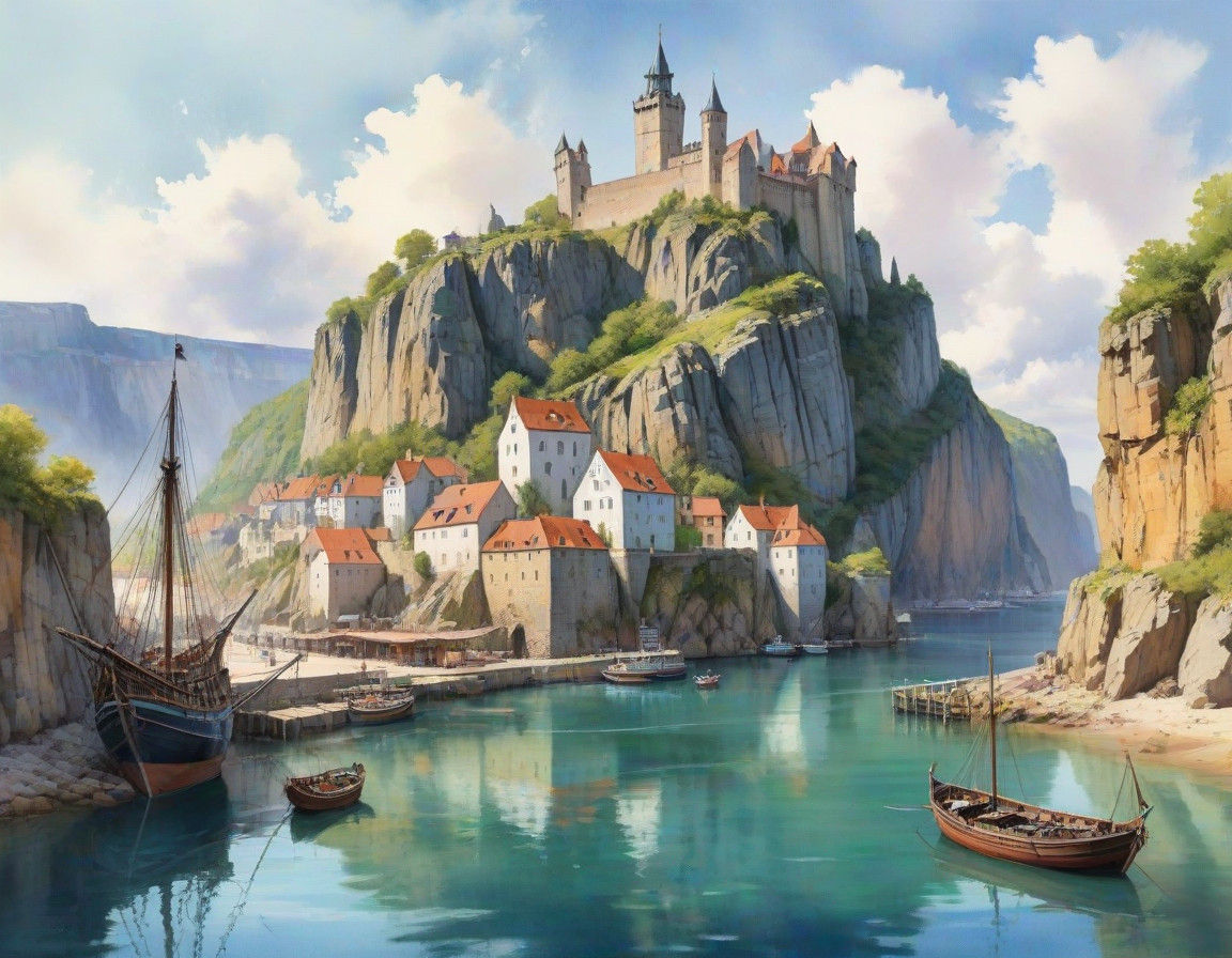 Medieval City Harbor in Vibrant Pastel Watercolor Style