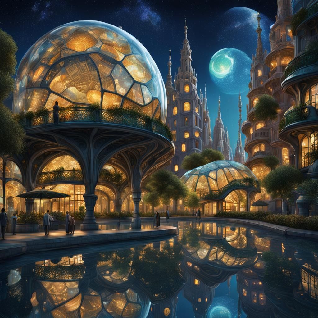 Futuristic Gaudí Cityscape Under Starry Night