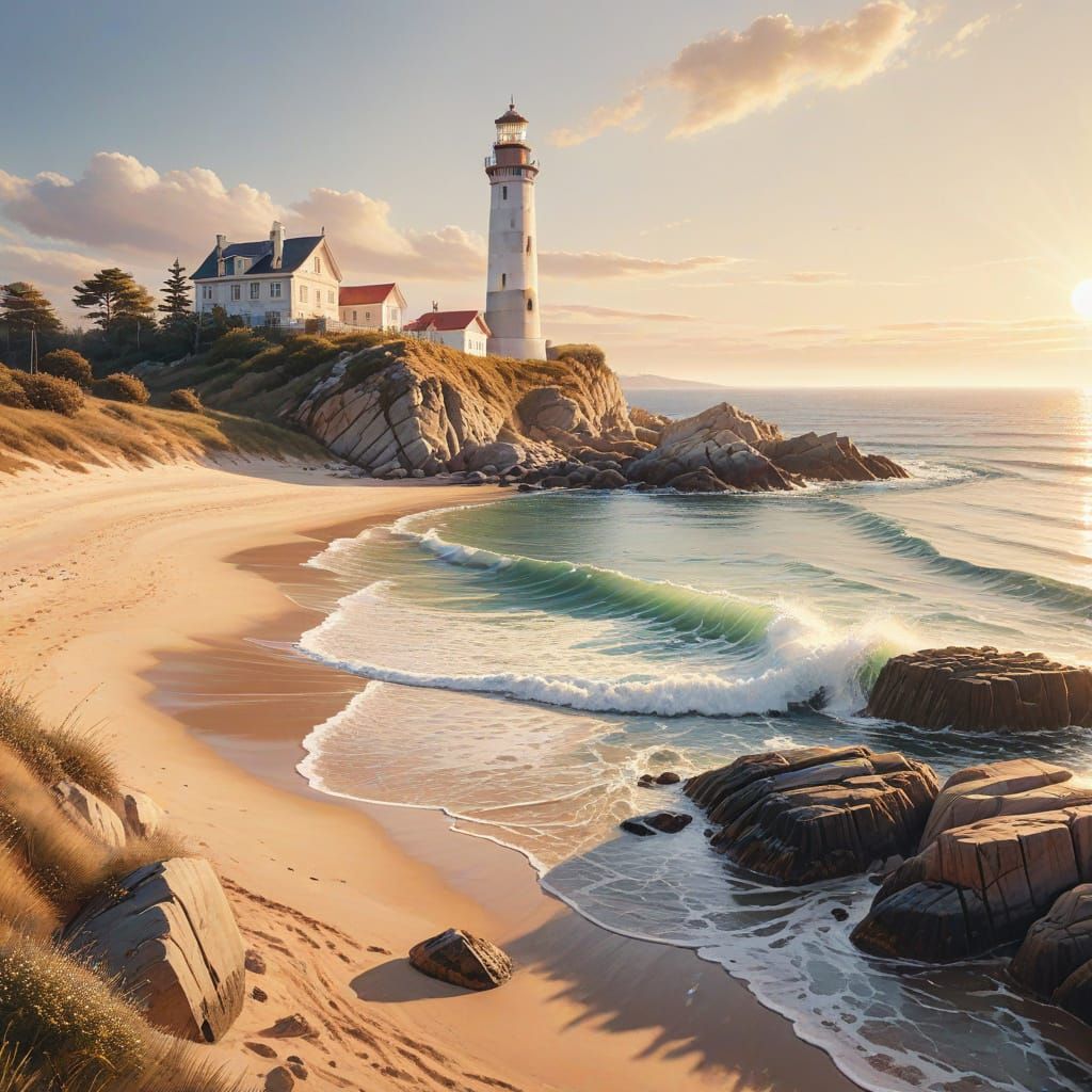 Seaside Lighthouse in Watercolor Style at Sunset