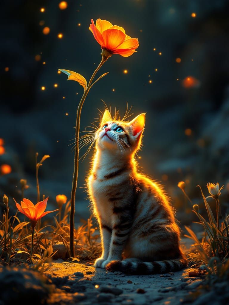 Adorable Cat Under Flower in Egyptian Sacred Light