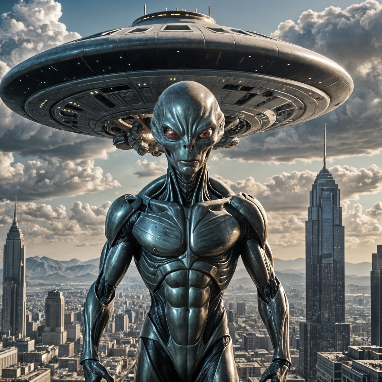 Extraterrestrial Emerges From Spaceship in Urban Landscape