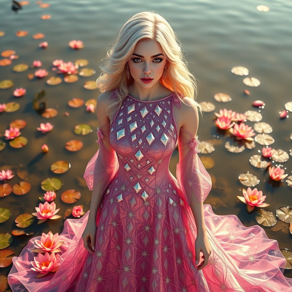 Glamorous Woman in Pink-Blue Diamond Star Dress Standing by....