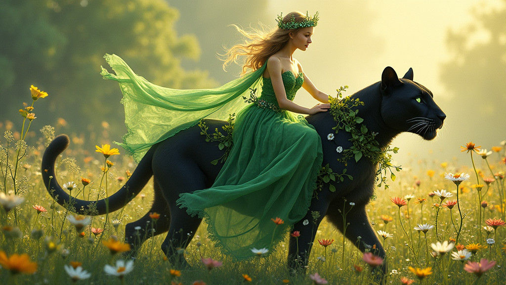 Elf Princess Rides Panther Through Wildflower Field