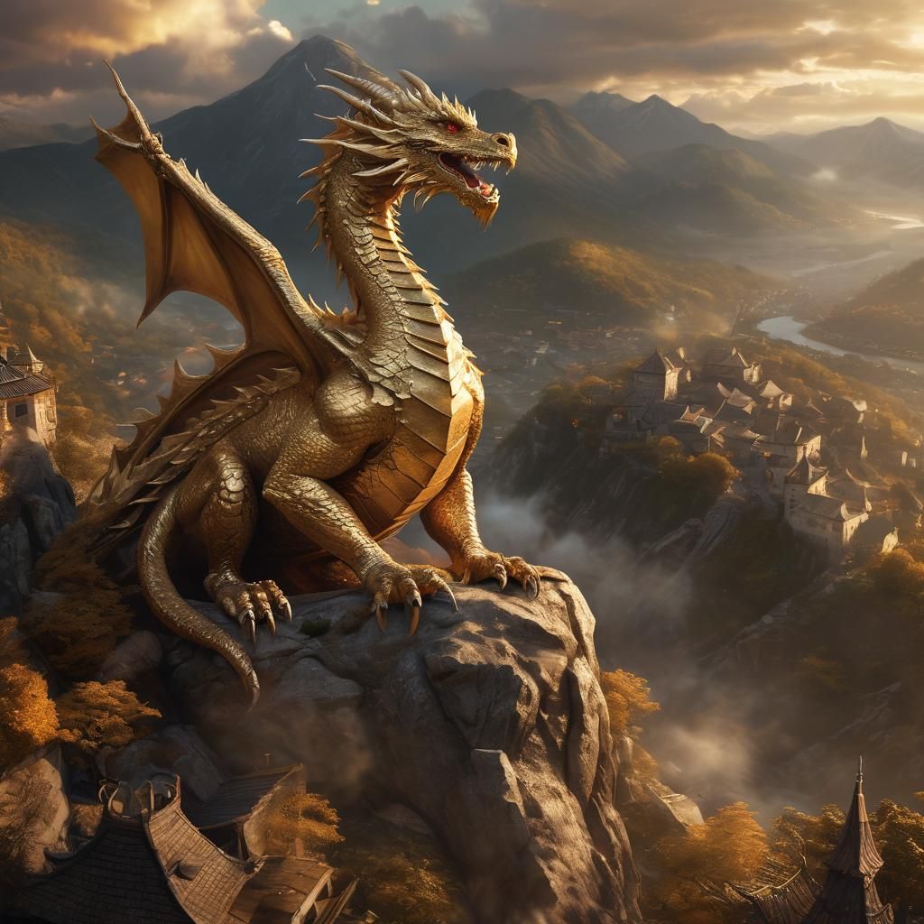 Magnificent Gold Dragon Overlooking Village