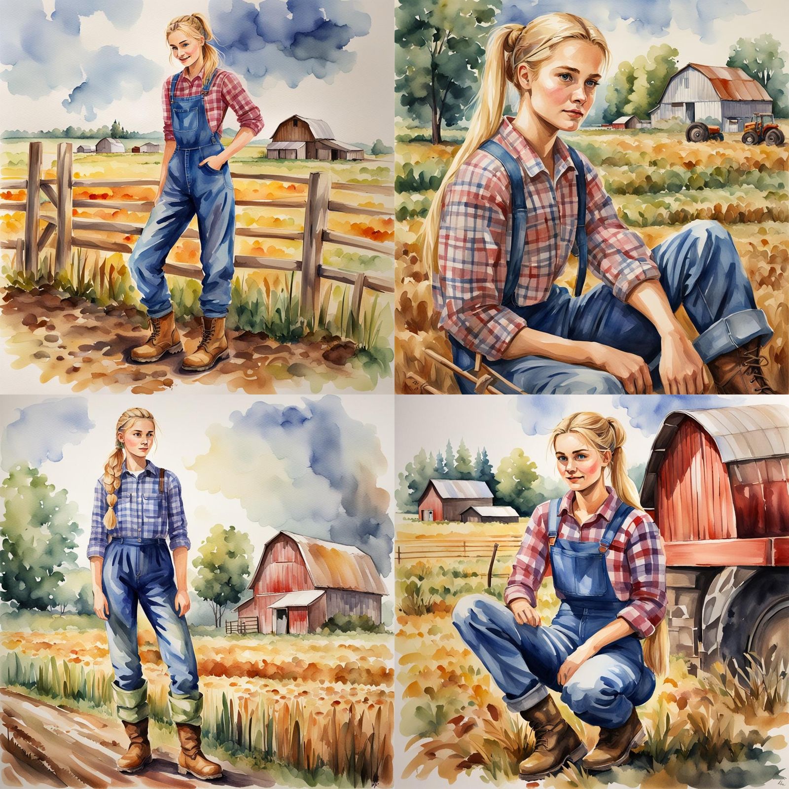 Watercolor Portrait of a Blonde Farm Girl