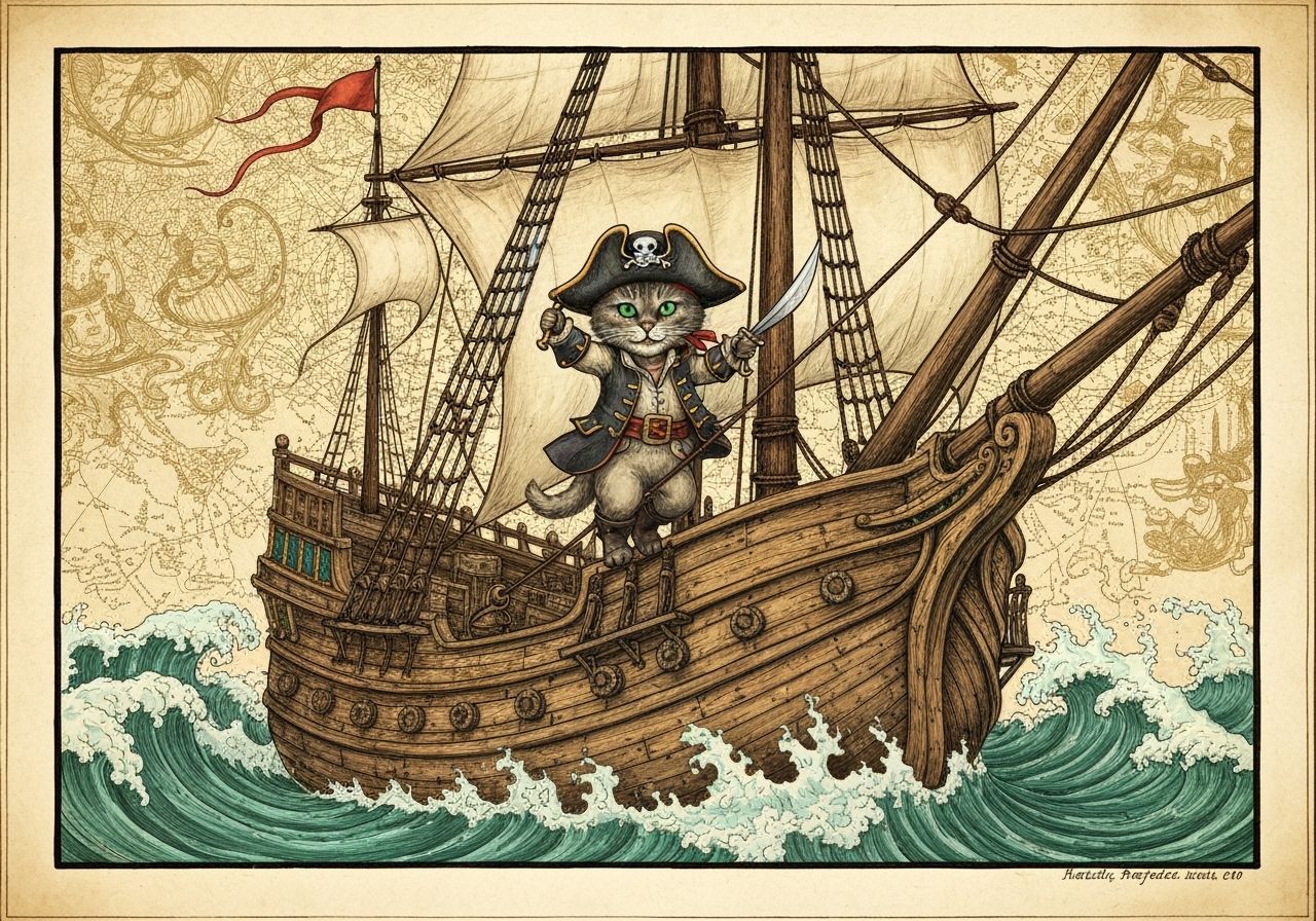 Pirate Cat on Galeon in Medieval Manuscript Style