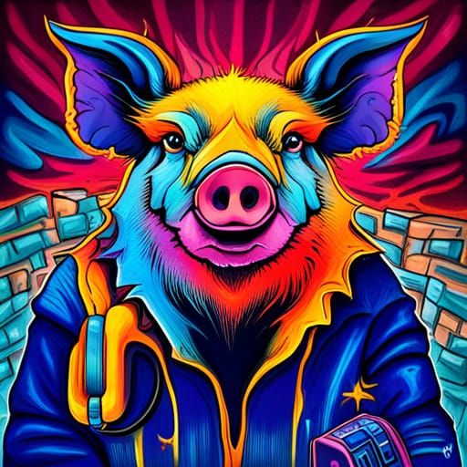 Pig Gamer Graffiti Art on Navy Blue Shirt