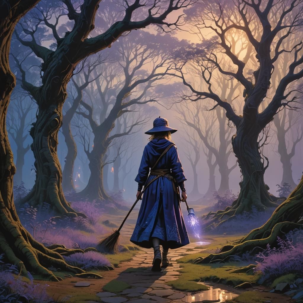 Mystical Maiden Sweeping Dawn in Enchanted Forest