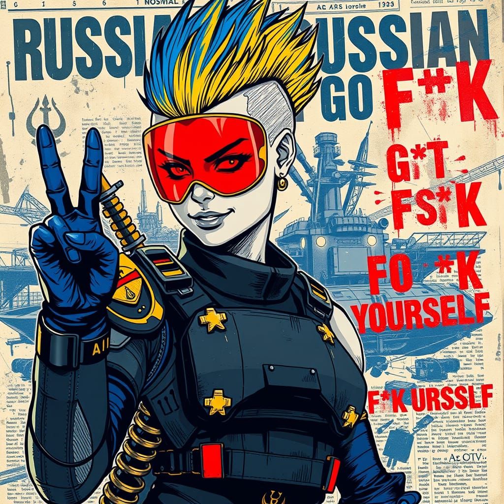 Cyberpunk Warrior Goddess with Red Eyes and Blue Mohawk