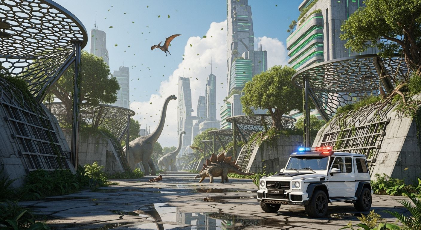 Futuristic Industrial Zone with Dinosaurs and Military Vehic...