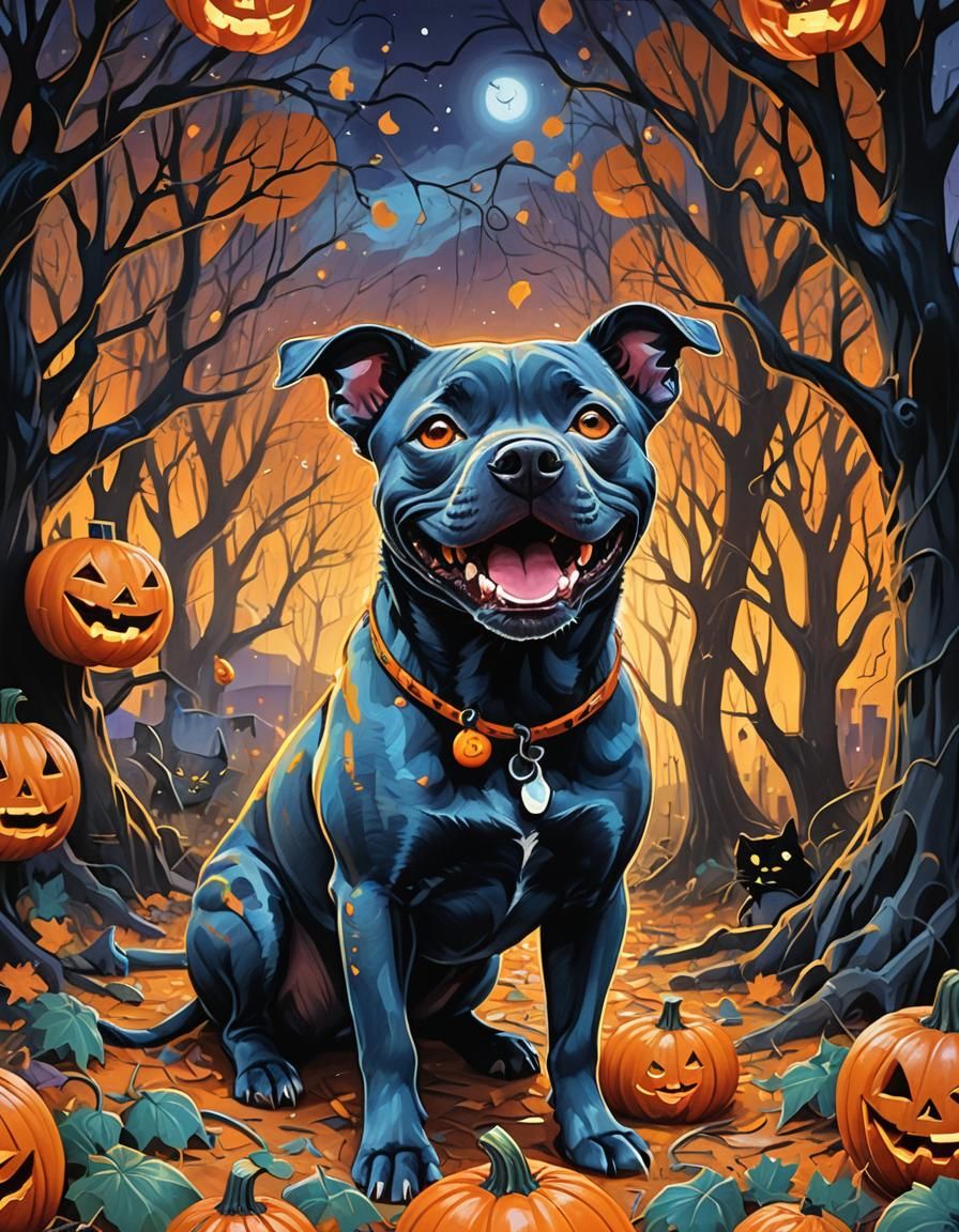 Blue Staffy Mischief: Graffiti Art Jack-o'-Lantern