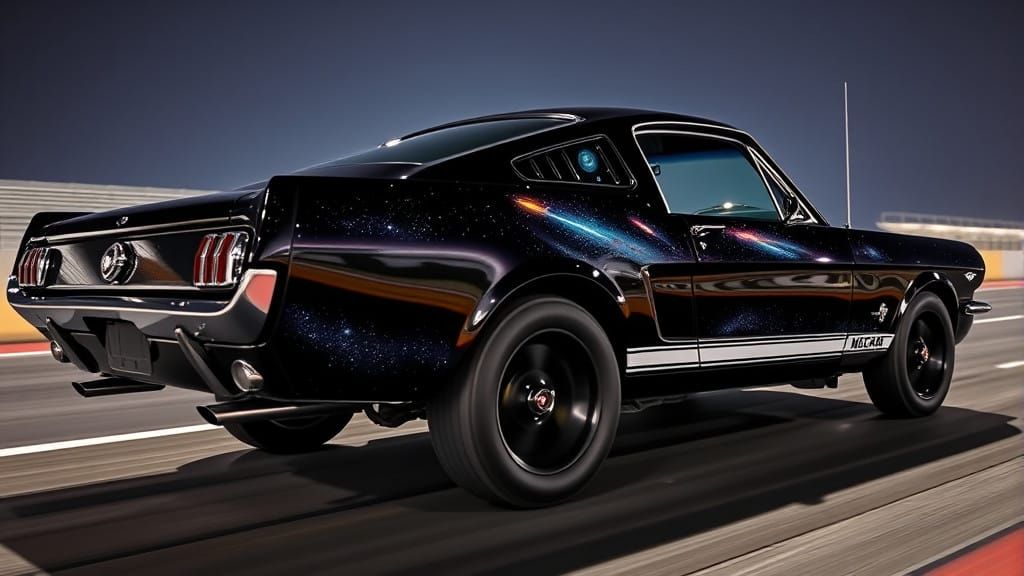 Glossy Black Mustang Blazes Across Starry Night Track