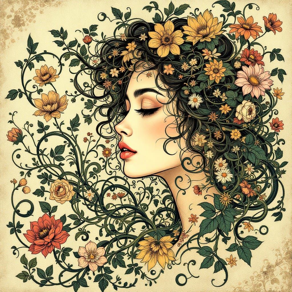 Floral Goddess Emerge in Elegant Art Nouveau Style