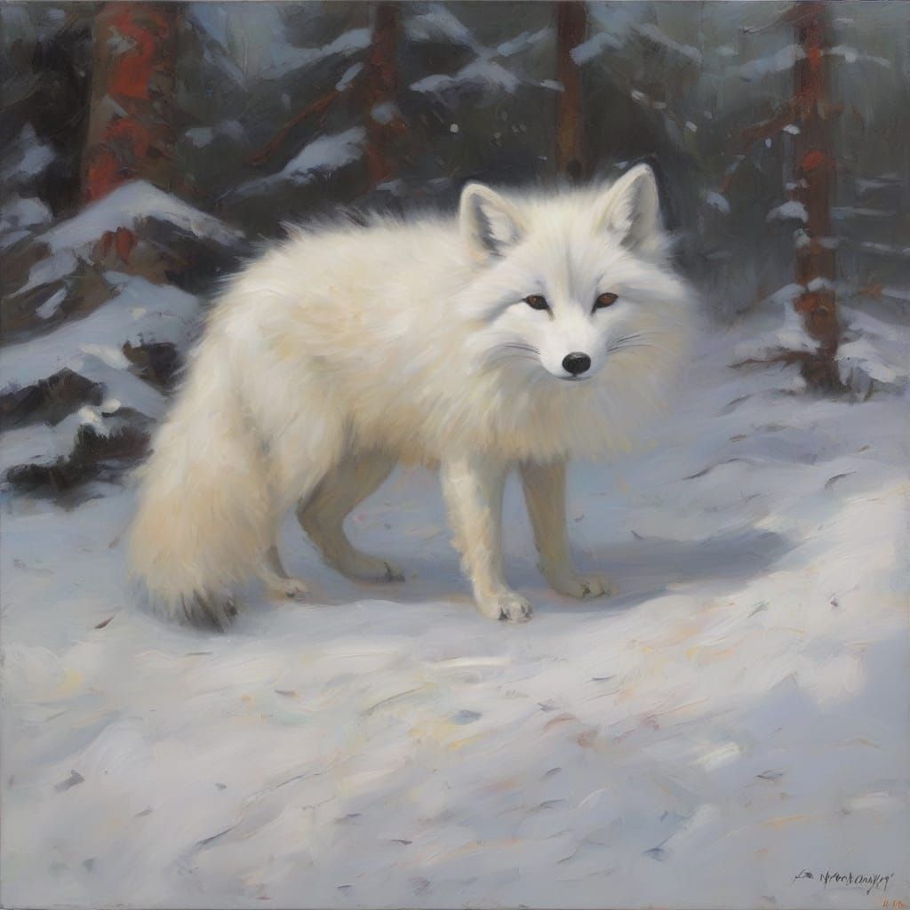 Arctic Fox Resting in Snow, Oil Painting Style