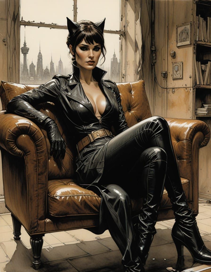 Catwoman in Noir-Inspired Wet Ink and Charcoal Sketch Style