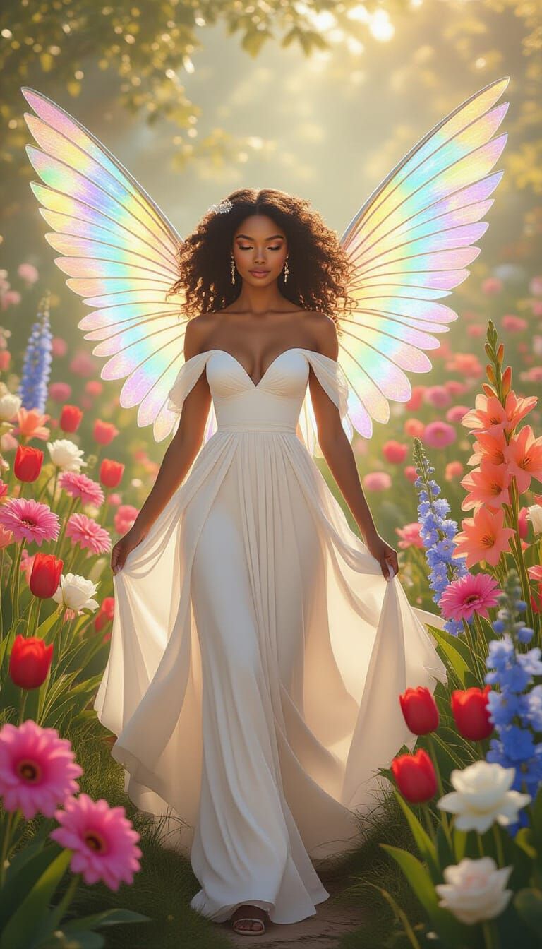 Radiant Angel in Dreamy Garden, in Art Nouveau Style