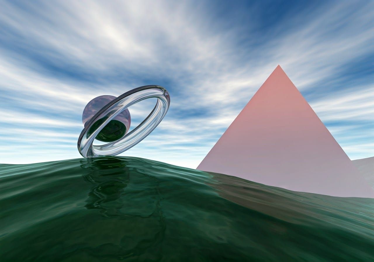 Surreal 3D Rendered Landscape with Geometric Shapes